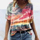Camiseta de mujer con cuello en V – Corte holgado – Manga corta – Estampado bohemio – Tejido transpirable