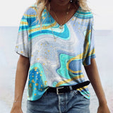 Camiseta de mujer con cuello en V – Corte holgado – Manga corta – Estampado bohemio – Tejido transpirable