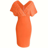 Vestido ajustado para mujer - Cuello en V - Mangas cortas drapeadas - Elegante con detalles