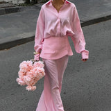 Conjunto de dos piezas: vestido camisero liso de manga larga, de estilo urbano elegante y creativo.