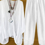 Conjunto de mujer: Top informal con cuello en V, pantalón con cintura elástica y tejido transpirable.