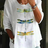 Blusa de mujer – Corte holgado – Cuello redondo – Mangas al codo – Estampado de libélulas