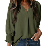 Camiseta de mujer – Cuello en V – Mangas fruncidas 3/4 – Corte relajado – Punto suave