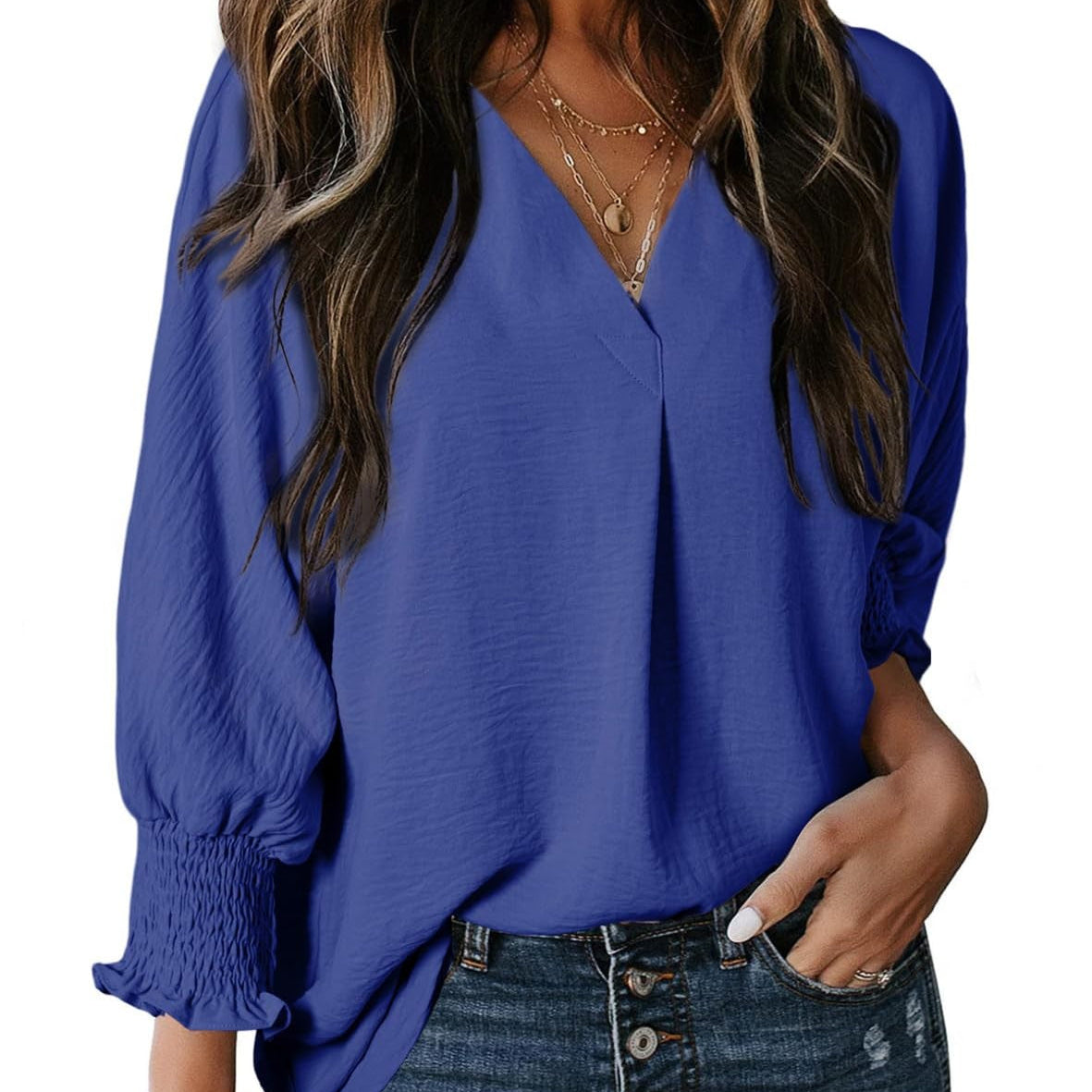 Camiseta de mujer – Cuello en V – Mangas fruncidas 3/4 – Corte relajado – Punto suave