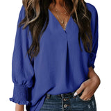 Camiseta de mujer – Cuello en V – Mangas fruncidas 3/4 – Corte relajado – Punto suave