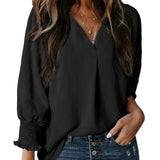 Camiseta de mujer – Cuello en V – Mangas fruncidas 3/4 – Corte relajado – Punto suave