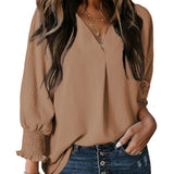 Camiseta de mujer – Cuello en V – Mangas fruncidas 3/4 – Corte relajado – Punto suave
