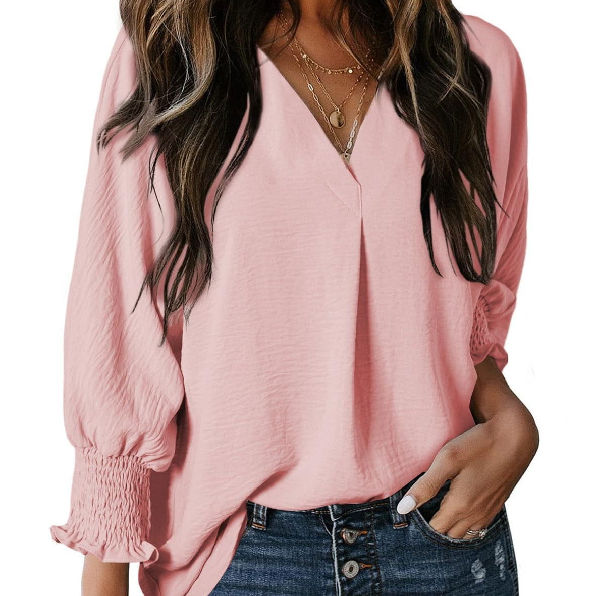 Camiseta de mujer – Cuello en V – Mangas fruncidas 3/4 – Corte relajado – Punto suave