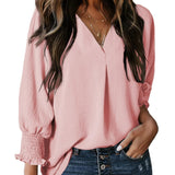 Camiseta de mujer – Cuello en V – Mangas fruncidas 3/4 – Corte relajado – Punto suave