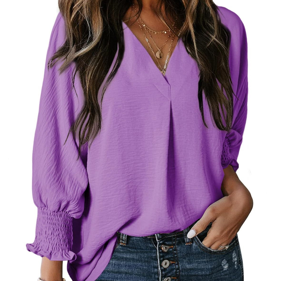 Camiseta de mujer – Cuello en V – Mangas fruncidas 3/4 – Corte relajado – Punto suave