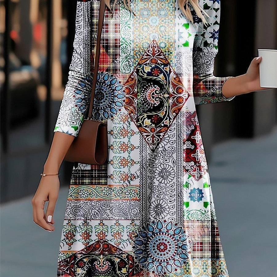 Vestido mini para mujer – Corte acampanado – Mangas largas – Cuello redondo – Tejido transpirable