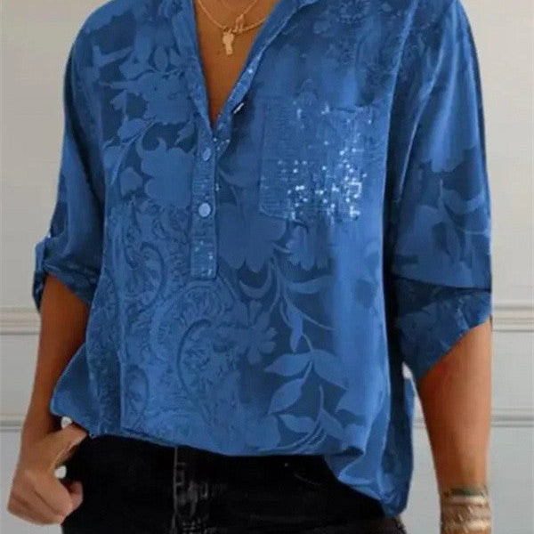 Blusa túnica para mujer – Corte holgado – Estampado floral – Tejido lujoso – Escote abotonado