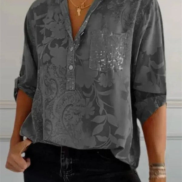 Blusa túnica para mujer – Corte holgado – Estampado floral – Tejido lujoso – Escote abotonado