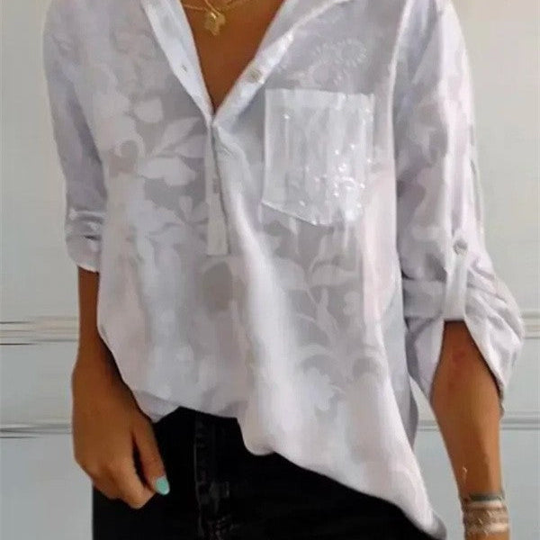 Blusa túnica para mujer – Corte holgado – Estampado floral – Tejido lujoso – Escote abotonado