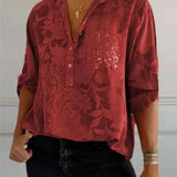 Blusa túnica para mujer – Corte holgado – Estampado floral – Tejido lujoso – Escote abotonado