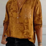 Blusa túnica para mujer – Corte holgado – Estampado floral – Tejido lujoso – Escote abotonado