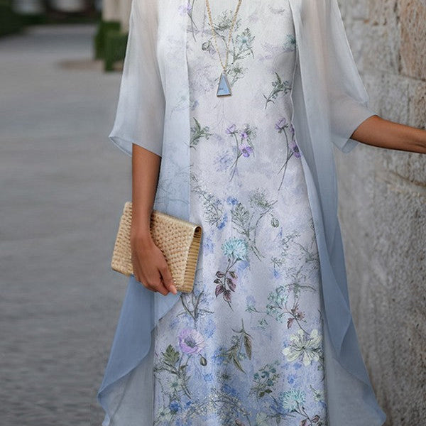 Vestido de dos piezas para mujer – Corte fluido – Voile ligero – Estampado floral – Largo midi