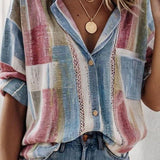 Blusa de mujer – Corte holgado – Mangas cortas – Botones delanteros – Estilo patchwork
