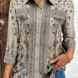 Blusa de mujer – Corte holgado – Mangas 3/4 – Estampado floral – Ribete de encaje – Tejido transpirable