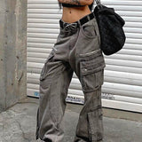 Vaqueros cargo lavados con múltiples bolsillos, estilo streetwear