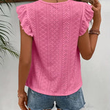 Blusa de mujer - Bordado inglés - Mangas con volantes - Corte holgado - Cuello redondo