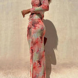 Vestido midi elástico fruncido de manga larga Charm Lady con un moderno estampado tie-dye y paneles de malla