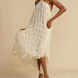 Encantador vestido midi con cintura plisada y cordón, elegante y con volantes, cuello halter.