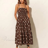 Vestido plisado de moda con tirantes elásticos en lunares chocolate y marfil.
