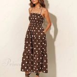 Vestido plisado de moda con tirantes elásticos en lunares chocolate y marfil.
