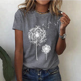 Camiseta de mujer - Cuello redondo - Manga corta - Corte holgado - Estampado gráfico de diente de león