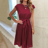 Vestido midi de manga corta para mujer - Cinturón de lazo - Falda plisada fluida