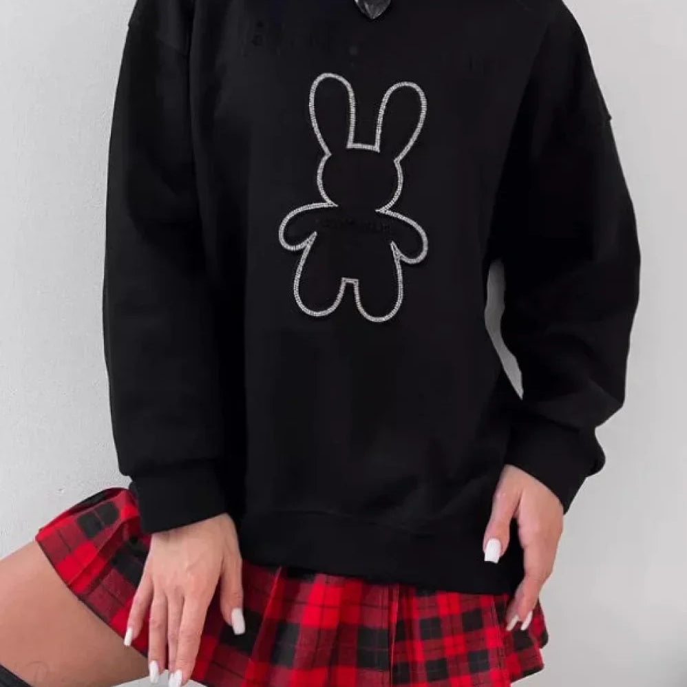 Sudadera elegante de gran tamaño con cuello redondo y motivo de conejo en relieve.