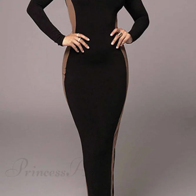 Vestido midi con abertura, cuello redondo y manga larga