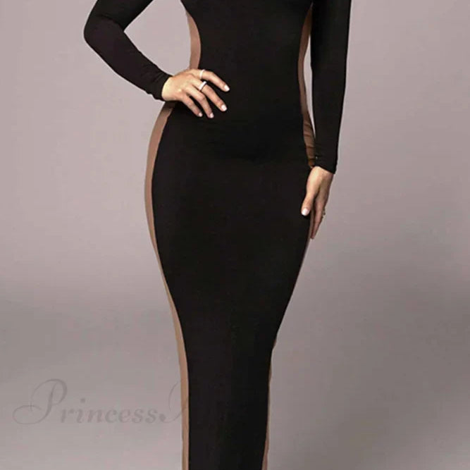 Vestido midi con abertura, cuello redondo y manga larga