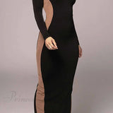 Vestido midi con abertura, cuello redondo y manga larga