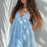 Minivestido sexy plisado acampanado con escote en V y camiseta sin mangas