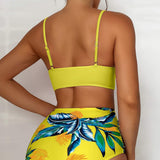 Bikini para mujer - Top cruzado con tirantes ajustables - Braguita de cintura alta con estampado tropical