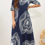 Vestido de mujer de corte A - Cuello redondo - Mangas al codo - Elegante estampado abstracto