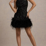 Vestido de noche ajustado con lentejuelas brillantes y esponjosas.