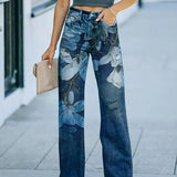Pantalón de mujer – Talle alto – Corte recto – Detalles desgastados – Estampado floral 3D