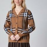 Cárdigan holgado de punto a cuadros retro de talla grande con cuello en V