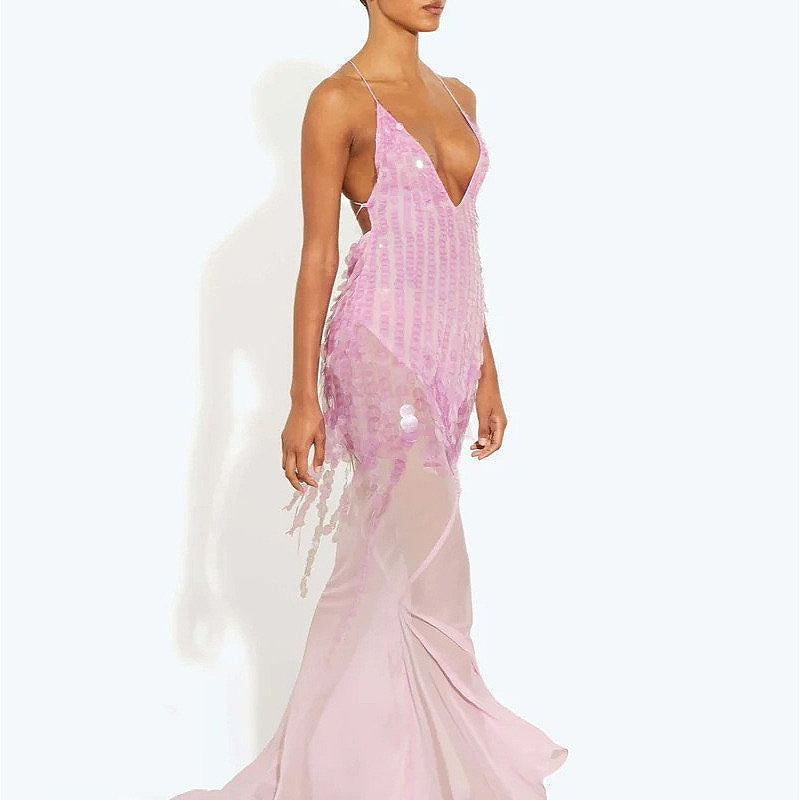 Vestido largo sirena con lentejuelas y escote en pico