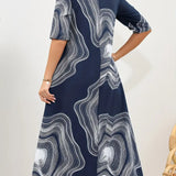Vestido de mujer de corte A - Cuello redondo - Mangas al codo - Elegante estampado abstracto