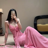 Vestido largo sin espalda con tirantes finos y estampado rosa 3D