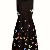 Vestido sin mangas para mujer - Corte acampanado - Cuello redondo - Estampado de mariposas - Fluido y ligero