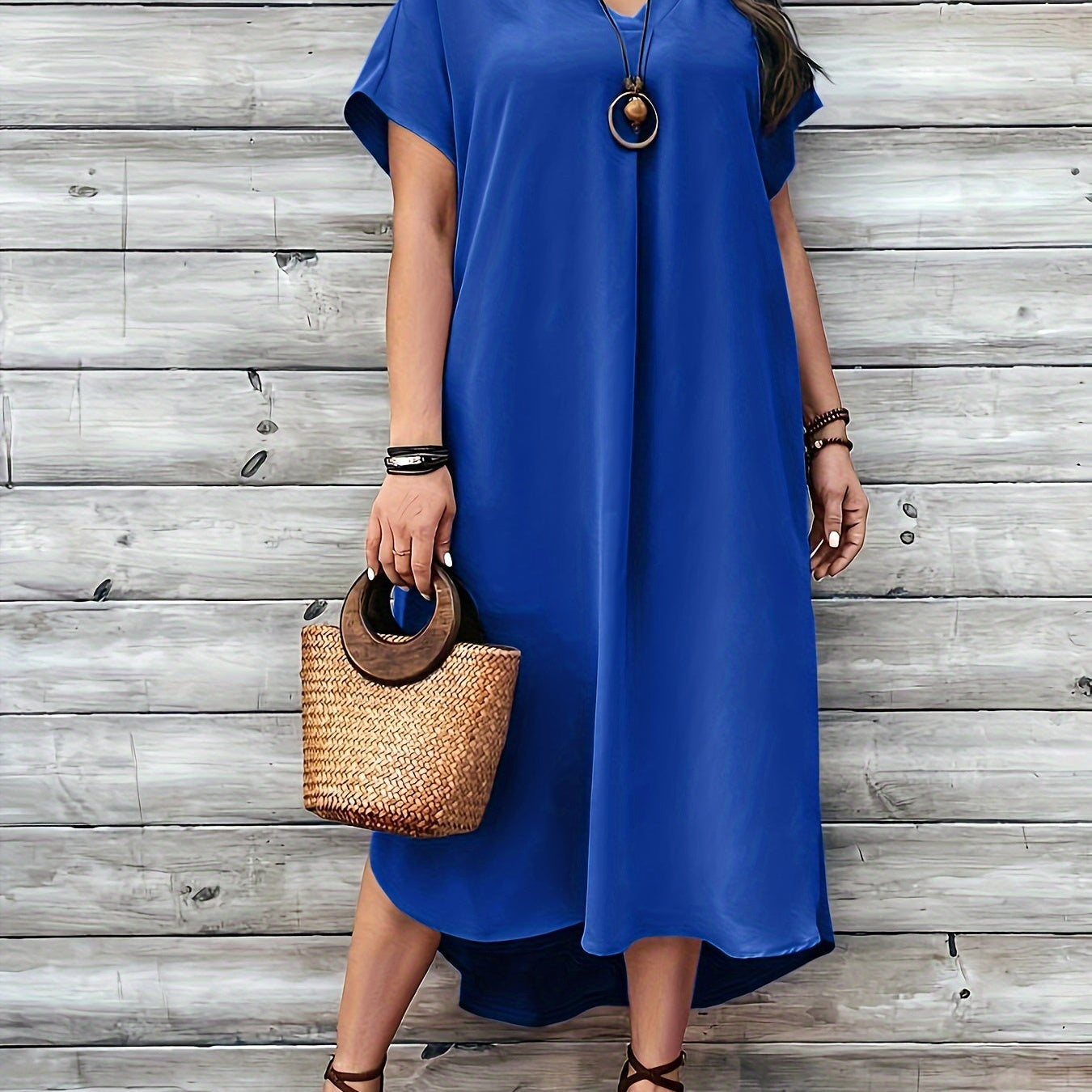 Vestido de mujer - Corte asimétrico holgado - Cuello en V elegante - Mangas cortas y sueltas