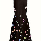 Vestido sin mangas para mujer - Corte acampanado - Cuello redondo - Estampado de mariposas - Fluido y ligero