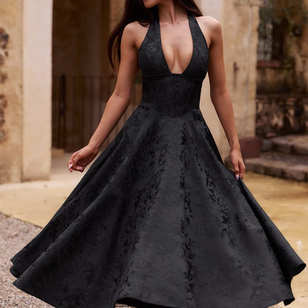 Vestido de noche jacquard con espalda abierta y escote en pico