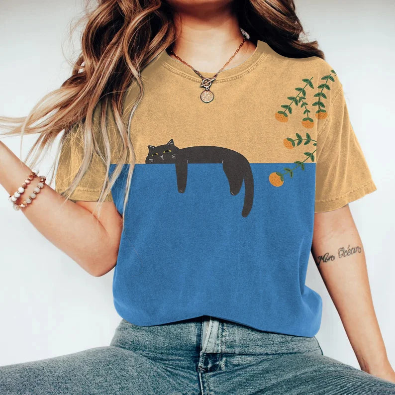 Camiseta de mujer - Corte clásico - Cuello redondo - Estampado gráfico de gato informal