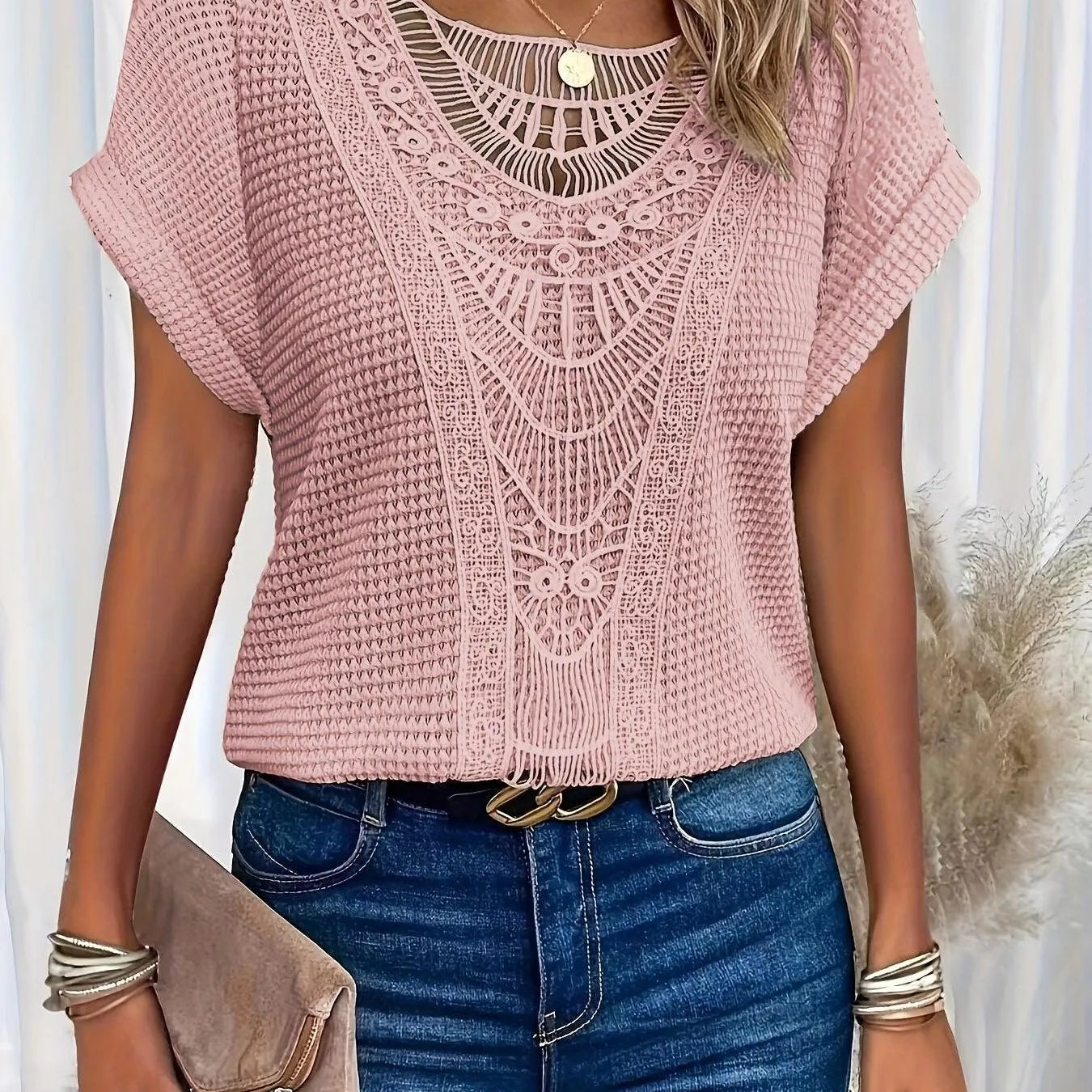 Top de mujer - Corte holgado - Elegante detalle de encaje - Tejido texturizado transpirable